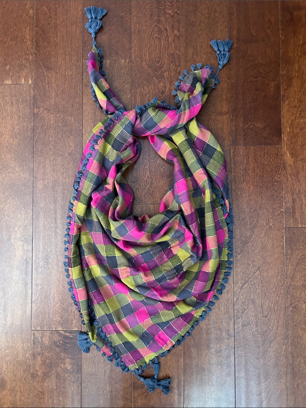 Charlotte Eskildsen Checkered Scraf in Vibrant Colors, Metallic & Tassel Details